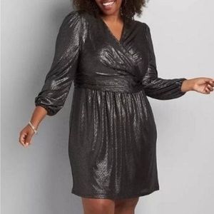 NWT LANE BRYANT Metallic Shimmer Black Silver Surplice Holiday Dress